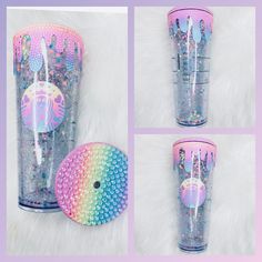 the tumbler cup has been painted with unicorns and stars