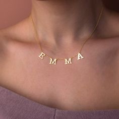 Stylish and minimalist 14K gold handmade spaced letter necklace for everyday wear. Great for layering.  Unique personalized gift idea to show love to the important people in your life with a cute, dainty, and creative gift. The personalized initial name necklace makes a perfect birthday gift for mothers, friends or yourself.  A special anniversary gift for significant others. Just engrave his/her name. It is a perfect gift. It can be dressed up or dressed down depending on the situation. We only Customized Minimalist Name Necklace, Everyday Minimalist Customized Charm Necklaces, Minimalist Initial Necklace For Birthday, Minimalist Yellow Gold Name Necklace For Birthday, Letter Name Necklace For Mother's Day, Letter Shaped Name Necklace For Mother's Day, Everyday Letter Name Necklace For Mother's Day, Mother's Day Letter Name Necklace, Minimalist Letter Beads Name Necklace As Gift