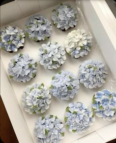 cupcakes with blue and white flowers in a box