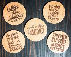 four wooden coasters with coffee related words on them