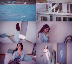 a collage of photos with the same woman in different outfits and hair, sitting on a bed