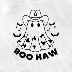 a drawing of a ghost wearing a hat with bats around it and the words boo haw