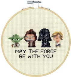 a cross stitch pattern with the words may the force be with you and three characters