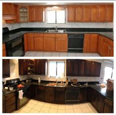 before and after pictures of a kitchen remodel with dark wood cabinets, black counter tops, and white tile flooring