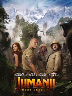 jumanji the next level movie poster with an image of two men and one woman