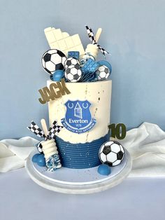 a soccer themed birthday cake on a table