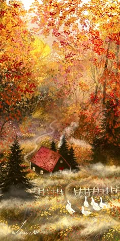 a painting of ducks and geese in front of a house surrounded by trees with fall foliage