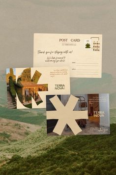 the postcard is designed to look like it has been placed on top of a hill