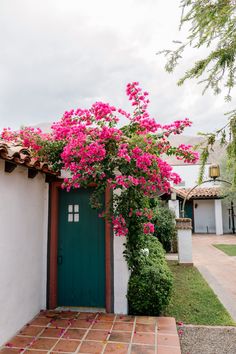 pink flowers growing on the side of a white building with green door and brick walkway