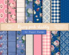 many pink and blue paper papers with flowers on them, all in different colors or patterns