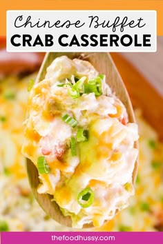 a spoon full of crab casserole with text overlay