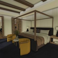 a large bed sitting inside of a bedroom next to two yellow chairs