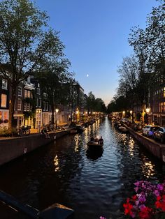 a boat traveling down a river next to tall buildings at night with lights on and flowers in the foreground