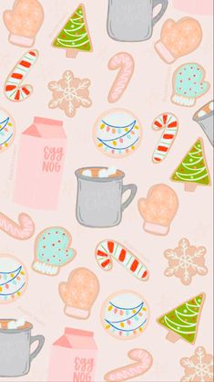 a pink background with christmas cookies and mugs