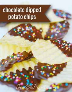 chocolate dipped potato chips with sprinkles on white plate and text overlay that reads, chocolate dipped potato chips