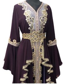 This listing is for a very regal purple abaya embellished with gold embroidery and beading.  Comes with belt! Syrian Clothing, Purple Abaya, Kaftan Styles For Ladies, Purple Kaftan, Kaftan Wedding, Kaftan Styles, Mehendi Decor, Embroidered Kaftan, Arabic Dress