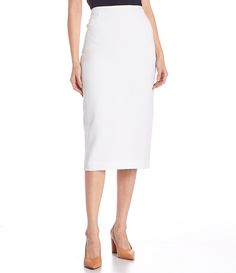 From Preston & York, this skirt features:stretch crepe suiting fabrication Pencil silhouettemid-rise waist Midi lengthStraight hemlineBack zip and hook closureApprox. 30" lengthPolyester/elastaneDry cleanImported. Summer Workwear Pencil Skirt In Elastane, Summer Workwear Elastane Pencil Skirt, White Skirt Midi, Midi White Skirt, White Pencil Skirt, White Midi Skirt, Midi Pencil Skirt, Zipper Skirt, Pencil Skirt White