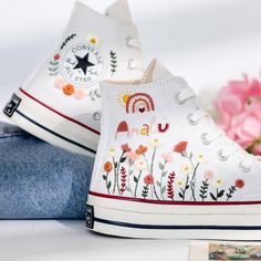 Welcome to LunnNest, a hand embroidered items shop. These are the most meticulously embroidered shoes that I give to you. I embroider them carefully and thoroughly with skillful hands. Converse type: Converse High Tops Chuck Taylor 1970s Converse color:  13. 1970s_White Price includes: Shoes + Embroidery as Pictured I can buy it for you at a store near your home or you can send me the canvas shoes you have available. Your embroidered Converse, Vans shoes are ready to ship in 8-16 days. I need th Embroidered Closed Toe Sneakers For Spring, Embroidered Sneakers For Spring, Spring Embroidered Sneakers, Spring Sneakers With Multicolor Embroidery And Appliques, High-top Multicolor Embroidered Sneakers, High-top Embroidered Multicolor Sneakers, White Embroidered Sneakers For Spring, White High-top Sneakers With Floral Embroidery, Converse Embroidery Flowers