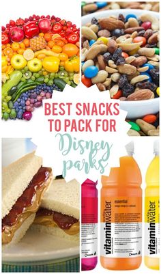 the best snacks to pack for disney parks are in this collage with images of food and drinks