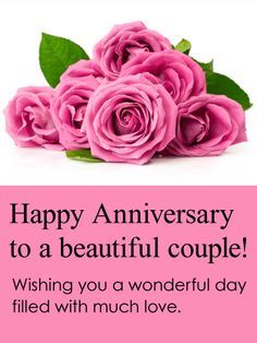 happy anniversary to a beautiful couple with pink roses and green leaves on the bottom right side