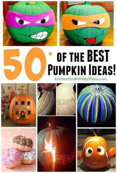 pumpkins decorated with different types of decorations and the words 50 of the best pumpkin ideas