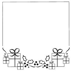 a black and white christmas card with presents on the bottom, surrounded by holly branches