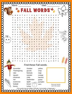 a fall word search is shown with the words and pictures in orange, white, and black