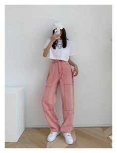 Rose Jeans, Red Jeans, Pink Jeans, Girl Swag, Baggy Pants, High Fashion Street Style, Baggy Fits, High Waisted Pants, Denim Pants