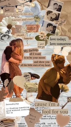 the collage has many different pictures and words on it, including two people hugging each other