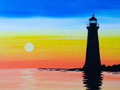 a painting of a lighthouse in the ocean at sunset