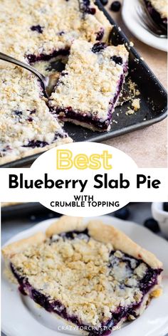 blueberry slab pie with crumbly toppings on a white plate and black serving tray