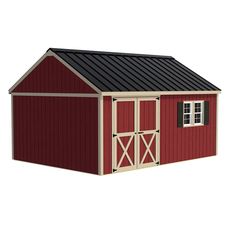 a red barn with a black roof and white trim on the door is shown in front of a white background