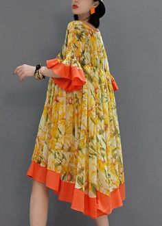 Fashion Orange V Neck Wrinkled Print Chiffon Dress Flare Sleeve Shirt Dress Fall, Fall Fashion Dresses, Neck Wrinkles, Print Chiffon Dress, Long Knitted Dress, Party Mode, Cotton Outfit, Womens Fall Dress, Floral Dresses Long