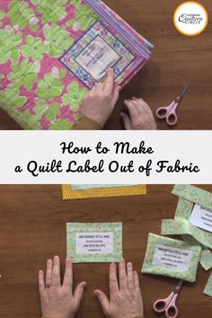 someone is making a quilt label out of fabric with scissors and other sewing supplies on the table