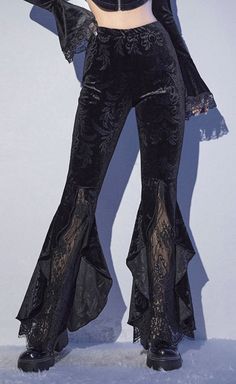 Black Lace Pants, Gothic Pants, Velvet Flare Pants, Velvet Flares, Lace Pants, Black Clothing, Velvet Pants, Flared Pants, Lace Ruffle