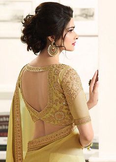 latest bollywood designer indian wedding bridal party Georgette saree sari dress Golden Blouse, Fashionable Saree Blouse Designs