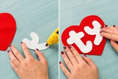 two pictures of someone cutting out the letters for a heart shaped paper decoration with scissors