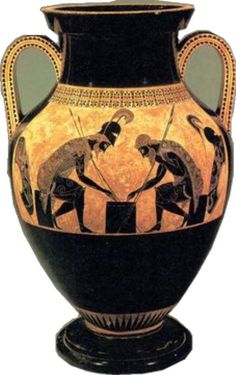 an ancient vase with two men working together on it's sides, painted in gold and black