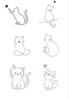 four different types of cats sitting next to each other on a white background with hearts