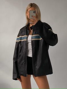 Dare to dazzle in our chic oversized leather jackets—where style meets confidence effortlessly Striped Leather Jacket, Biker Shorts Outfit, Womens Biker Jacket, Look Retro, Womens Jackets, Oversized Jacket, Leather Moto Jacket, Black Leather Jacket, Doc Martens