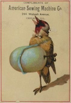 an advertisement for american sewing machine co featuring a bird holding a large blue object in its beak