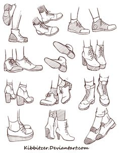 a bunch of different types of shoes that are drawn in pencil and ink on paper