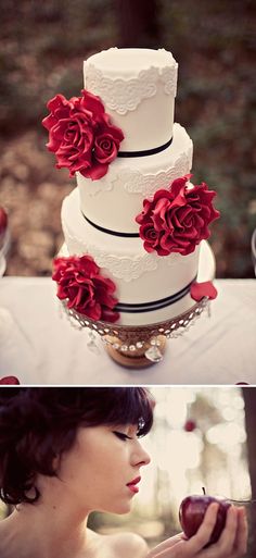 a three tiered wedding cake with red flowers on top