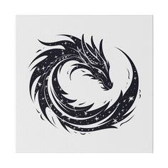 a black and white drawing of a dragon with stars on it's tail, in the shape of a circle