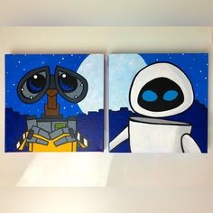 two paintings depicting an alien and a robot