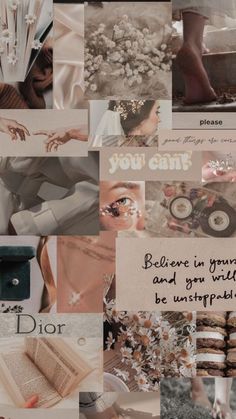 a collage of photos with words and pictures on them, including an image of a woman's feet