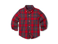 Janie and Jack Plaid Button-Up Shirt (Toddler/Little Kids/Big Kids) - Boy's Clothing : Red : ; Let your little ones throw on the Janie and Jack Plaid Button-Up Shirt and sport a casual look in the crisp festive shirt. Tailored fit. Made from crisp poplin fabric. Buttoned spread collar and long sleeves with buttoned cuffs. Button-down closure. Front chest pocket. Allover plaid pattern. Shirttail hemline. 100% cotton poplin. Machine washable. Imported. Casual Long Sleeve Tops For Playtime, Plaid Long Sleeve Shirt For School, Long Sleeve School Tops With Button Closure, Long Sleeve Tops With Button Closure For School, Preppy Cotton Shirt For Fall, Plaid Tops For School In Fall, Collared Tops For School In Fall, Preppy Buttoned Tops For Fall, Classic Long Sleeve Tops For School