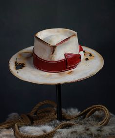 [Custom Handmade One of a kind hats]-[unisex fedora cowboy rare headwear felt hats]-[11.11HATS] Mens Felt Hat, White Fedora, Handmade Hats, Felt Hats, Red Color Schemes, Distressed Hat, Handmade Hat, Tonga, Felt Hat