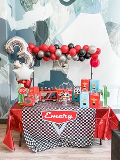 Disney Cars theme birthday Cars The Movie Theme Birthday Party, Lightning Mcqueen Bday Party, Car Movie Themed Birthday Party, Mack Birthday Party, Lighting Mcqueen Party Decorations, Lightning Mcqueen Birthday Party Decor, Mcqueen Party Decoration, Lighting Mcqueen Party Ideas, Mack Truck Birthday Party