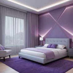 a bedroom with purple and white decor in shades of gray, lilac and white